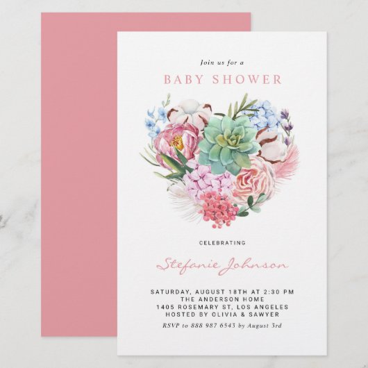 Papier Fleurs et Baby shower cardiaque Succulent Invitati (Devant / Derrière)