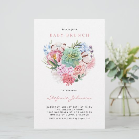 Papier Fleurs et coeur Succulent Bébé Brunch Invitation (Debout devant)