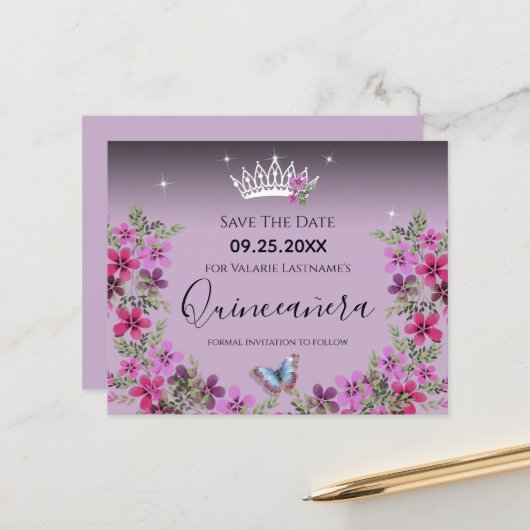 Papier Fleurs et papillon Quinceanera Enregistrer la date (Devant/Arrière en situation)