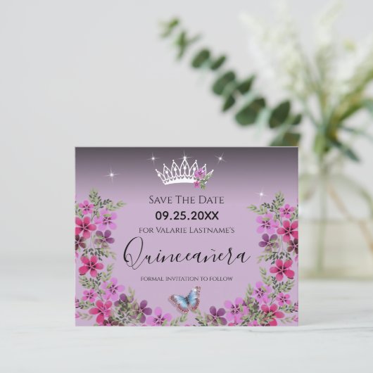 Papier Fleurs et papillon Quinceanera Enregistrer la date (Debout devant)