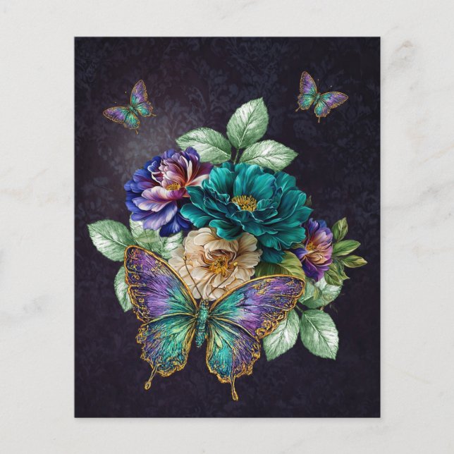 Papier Fleurs et papillons sarcelle blanc violet (Devant)