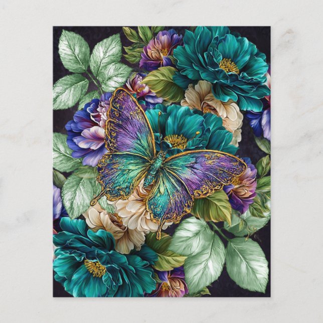 Papier Fleurs et papillons sarcelle blanc violet (Devant)