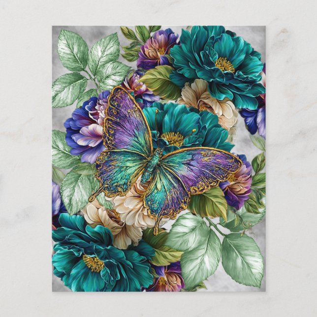 Papier Fleurs et papillons sarcelle blanc violet (Devant)