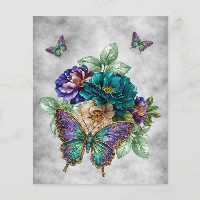 Papier Fleurs et papillons sarcelle blanc violet (Devant)