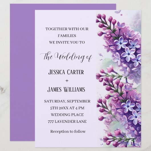 Papier Fleurs Lilac Aquarelle Mariage rustique (Devant / Derrière)