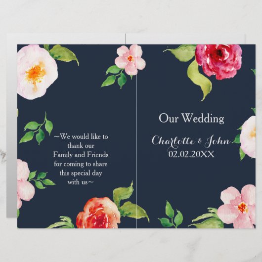 Papier fleurs marine et argent mariage d'aquarelle (Devant / Derrière)