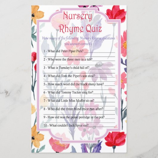 Papier Fleurs Nursery Rhyme Quiz jeu de baby shower (Devant)
