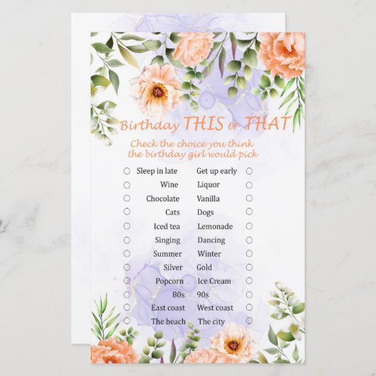 Papier Fleurs Pastel Anniversaire Ce ou Ce Jeu (Devant / Derrière)