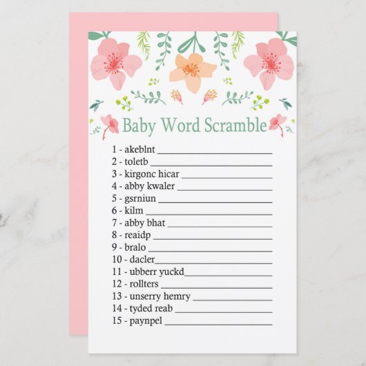Papier Fleurs pastel Baby mot scramble jeu (Devant / Derrière)