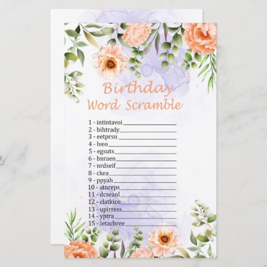 Papier Fleurs Pastel Jeu d'Anniversaire Mot (Devant / Derrière)