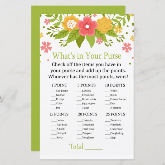 Papier Fleurs Qu'est-ce qu'il y a dans votre sac à main (Devant / Derrière)