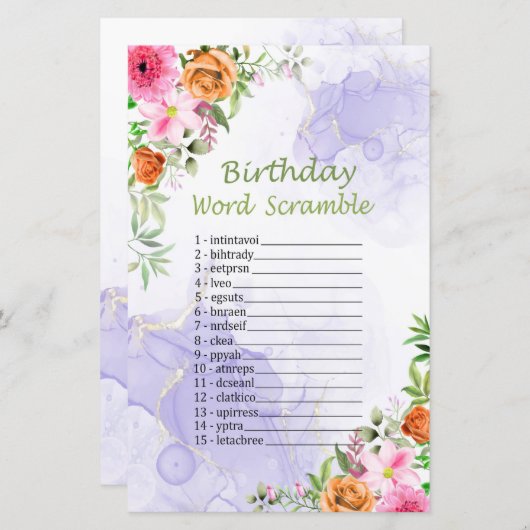 Papier Fleurs roses Anniversaire Mot Scramble Jeu (Devant / Derrière)