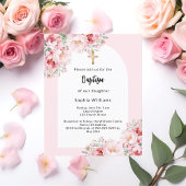 Papier Fleurs roses arc or fille baptême invitation