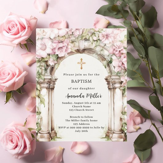 Papier Fleurs roses arch beige fille Baptême invitation