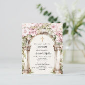 Papier Fleurs roses arch beige fille Baptême invitation (Debout devant)
