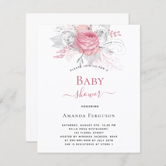 Papier Fleurs roses argent baby shower invitation budgéta (Devant / Derrière)