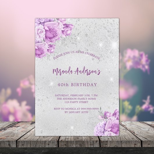 Papier Fleurs roses argentées invitation d'anniversaire b