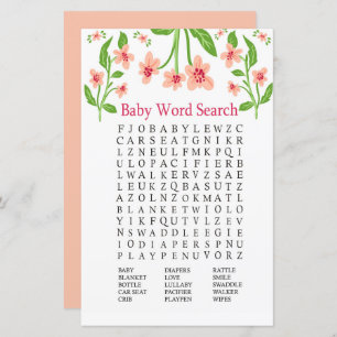 Papier Fleurs roses Baby shower Word Recherche Jeu