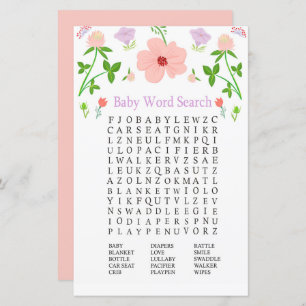 Papier Fleurs roses Baby shower Word Recherche Jeu