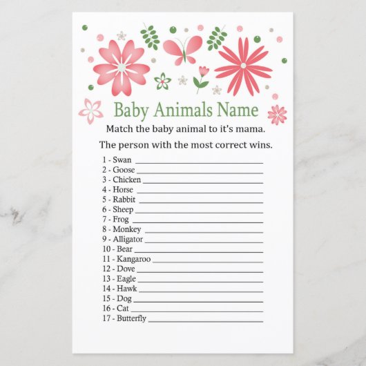 Papier Fleurs roses Bébé Animaux Nom Jeu (Devant)