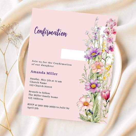 Papier Fleurs roses croix fille de confirmation invitatio