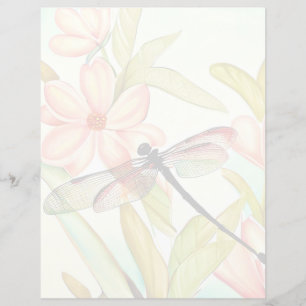 Papier Fleurs roses et libellule