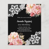 Papier Fleurs roses noires dentelle invitation anniversai (Devant)