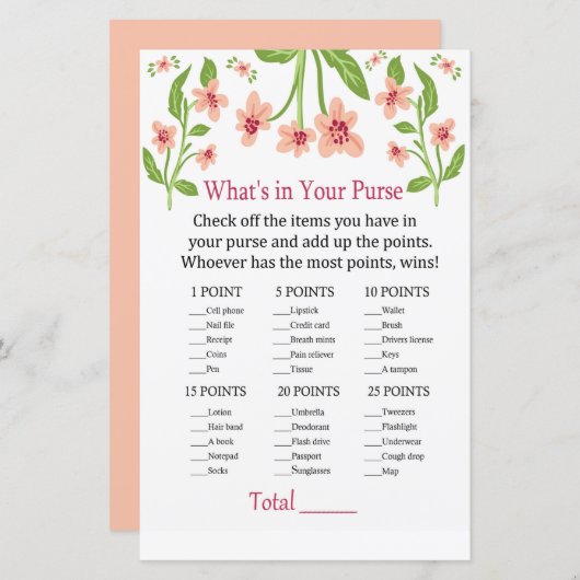 Papier Fleurs roses Qu'y a-t-il dans votre sac à main (Devant / Derrière)