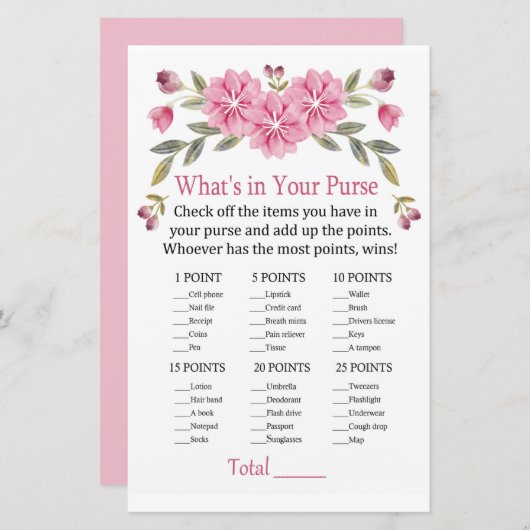 Papier Fleurs roses Qu'y a-t-il dans votre sac à main (Devant / Derrière)