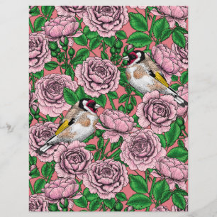 Papier Fleurs roses roses et oiseaux dorés