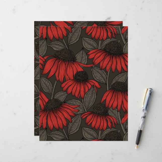 Papier Fleurs rouges sur marron (Devant/Arrière en situation)