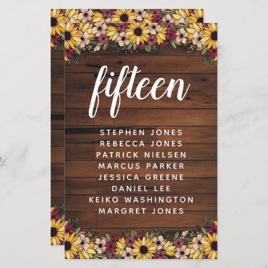 Papier Fleurs rustiques Bois Numéro de table Nom du clien (Devant / Derrière)