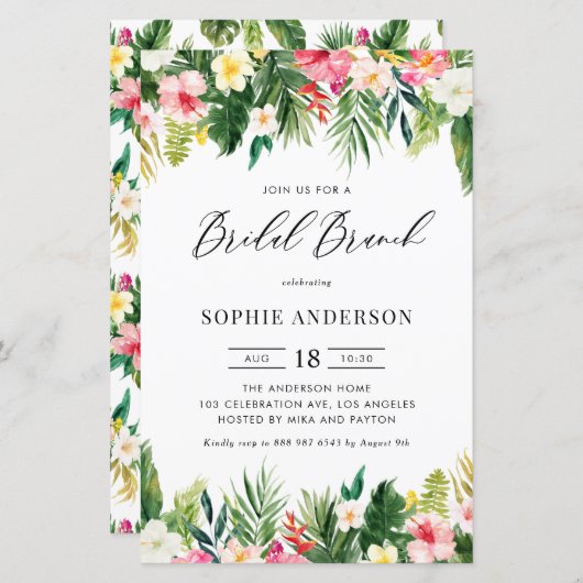 Papier Fleurs tropicales et verdure Invitation de Brunch  (Devant / Derrière)