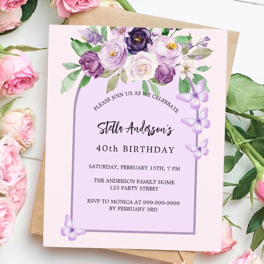Papier Fleurs violettes papillons arc budget anniversaire