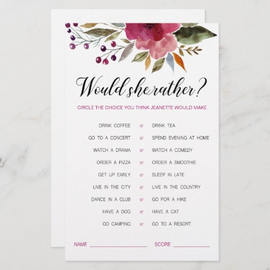 Papier Fleurs Voudrait-Elle Plutôt Fête des mariées Jeu (Devant / Derrière)