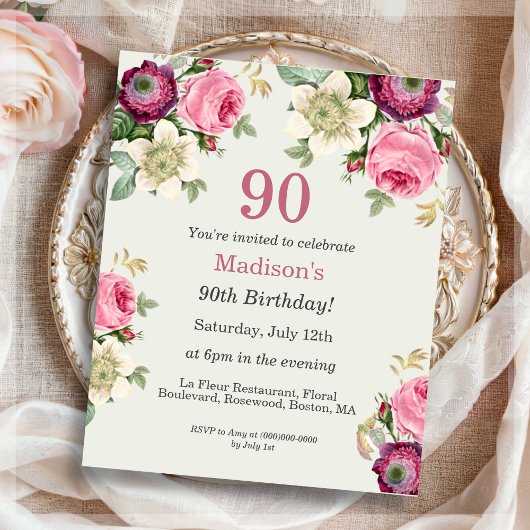 Papier Floral 90e anniversaire Invitation