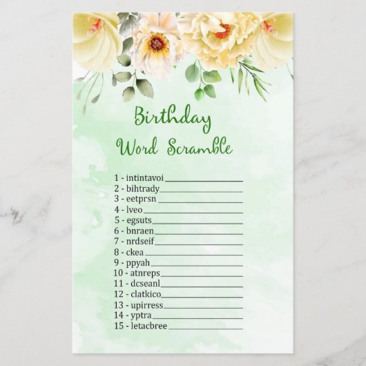Papier Floral Anniversaire Mot Scramble Jeu (Devant)
