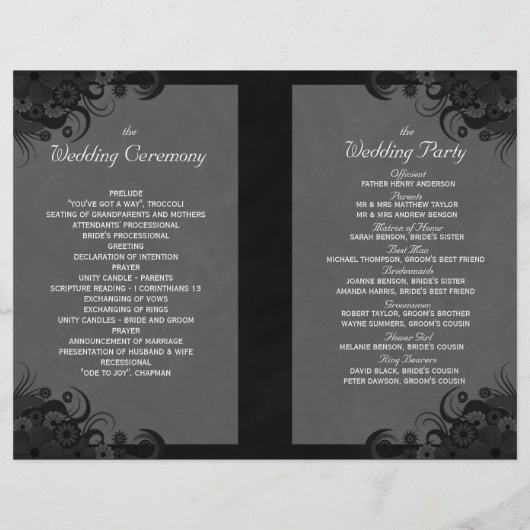 Papier Floral Black and Grey Goth Folded Wedding Programm (Dos)
