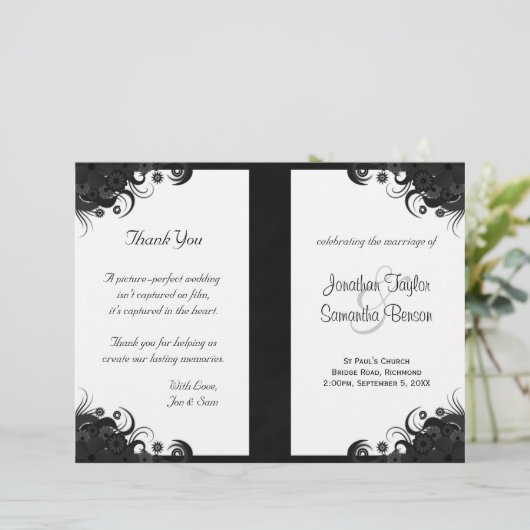 Papier Floral Black and White Goth Folded Wedding Program (Debout devant)