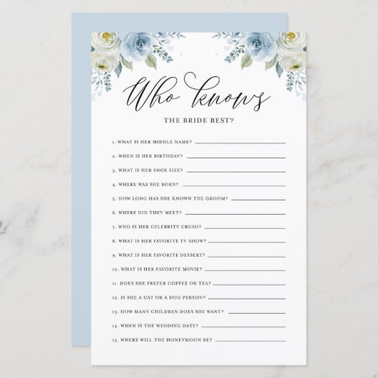 Papier Floral bleu qui connaît la mariée meilleur jeu de (Devant / Derrière)