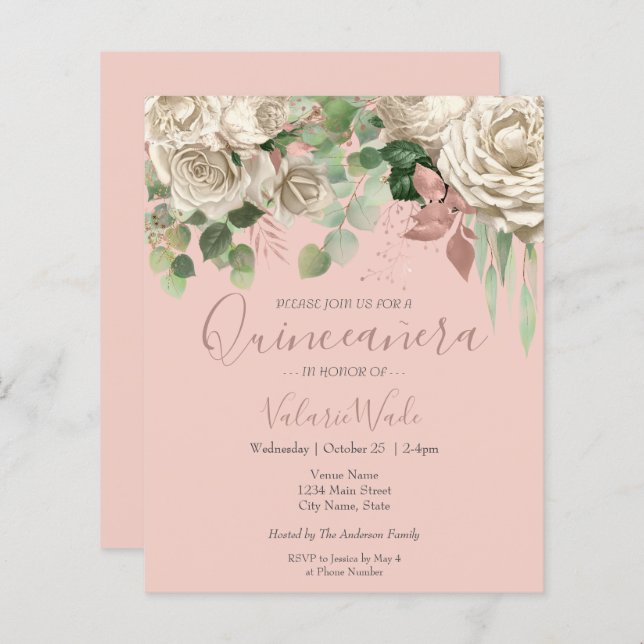 Papier Floral Blush rose Quinceanera Budget Invitation (Devant / Derrière)
