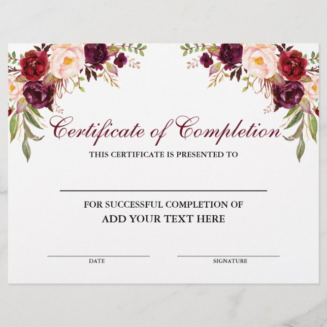 Papier Floral Bourgogne Certificat d'achèvement (Devant)