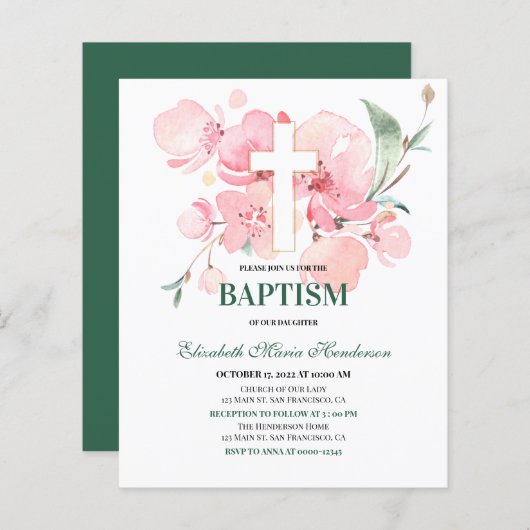 Papier Floral / BUDGET- Invitation Baptême de fille. (Devant / Derrière)