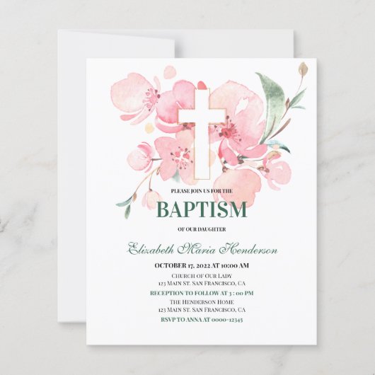 Papier Floral / BUDGET- Invitation Baptême de fille. (Devant)