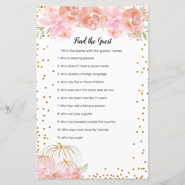 Papier Floral Citrouille Aquarelle Trouvez le jeu Invité (Devant)