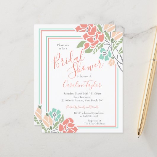 Papier Floral Coral Invitation Turquoise douche nuptiale (Devant/Arrière en situation)