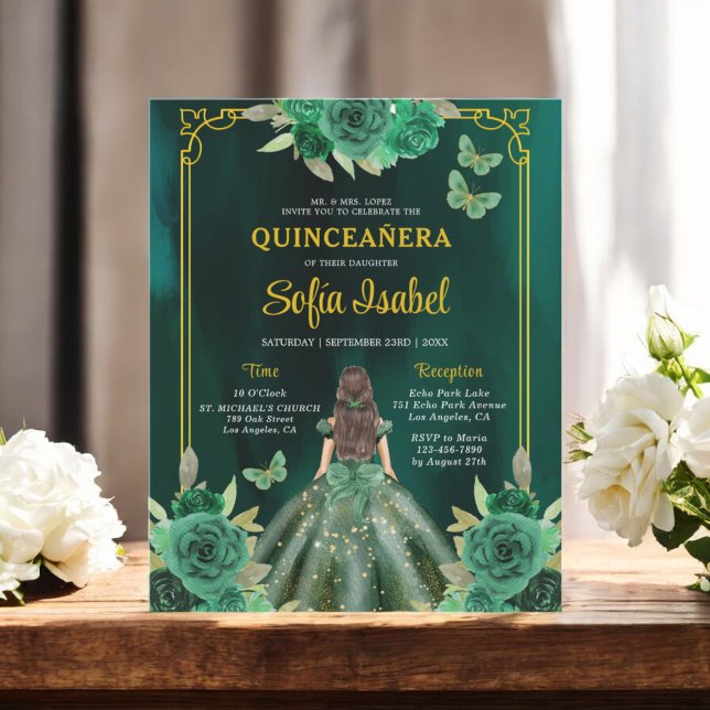 Papier Floral Emerald Green Butterfly Quinceanera (Créateur téléchargé)