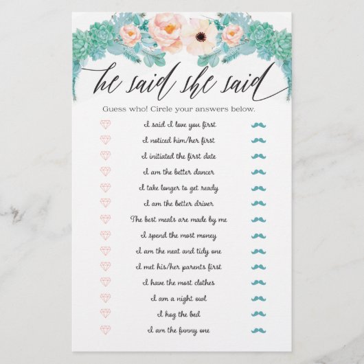 Papier Floral Fête des mariées Jeu Il A Dit Qu'Elle A Dit (Devant)