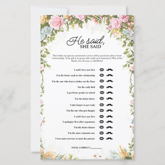 Papier Floral He Said She Said Bridal Shower Game (Devant)