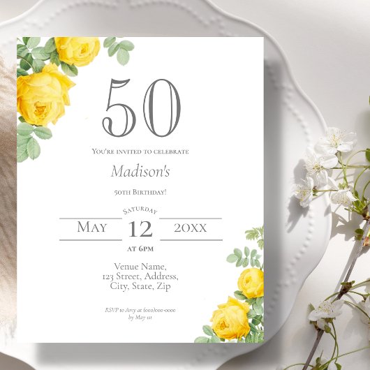 Papier Floral jaune | Invitation budgétaire pour 50e anni